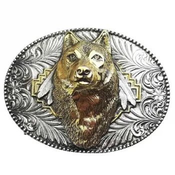 Gürtelschnalle Wolf vergoldet + Federn