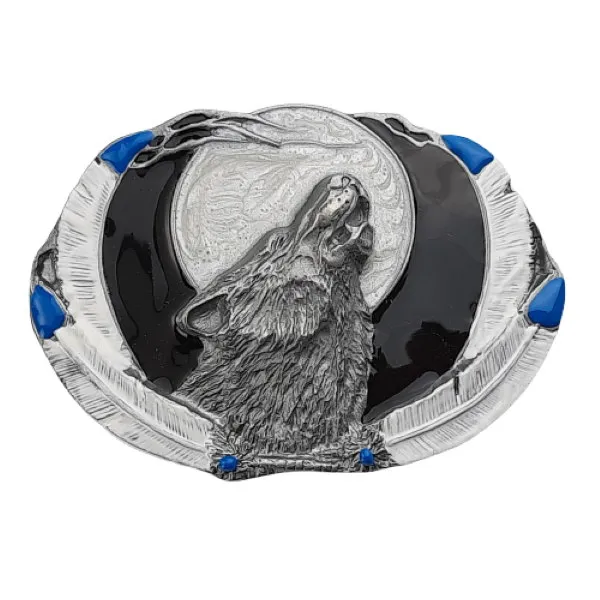 Belt Buckle Howling Wolf + Feathers