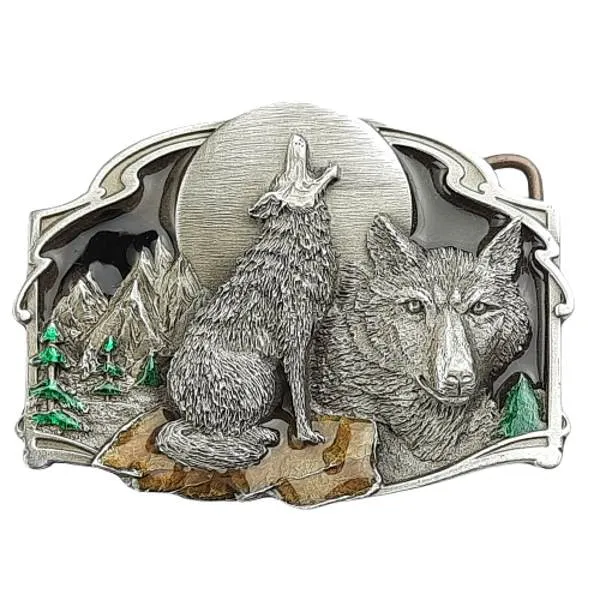 Belt Buckle Wolf Moon + Wolves + Moon + Landscape