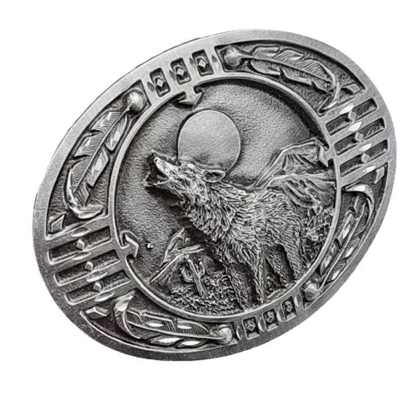 Belt Buckle Howling Wolf + Moon + decorations side view